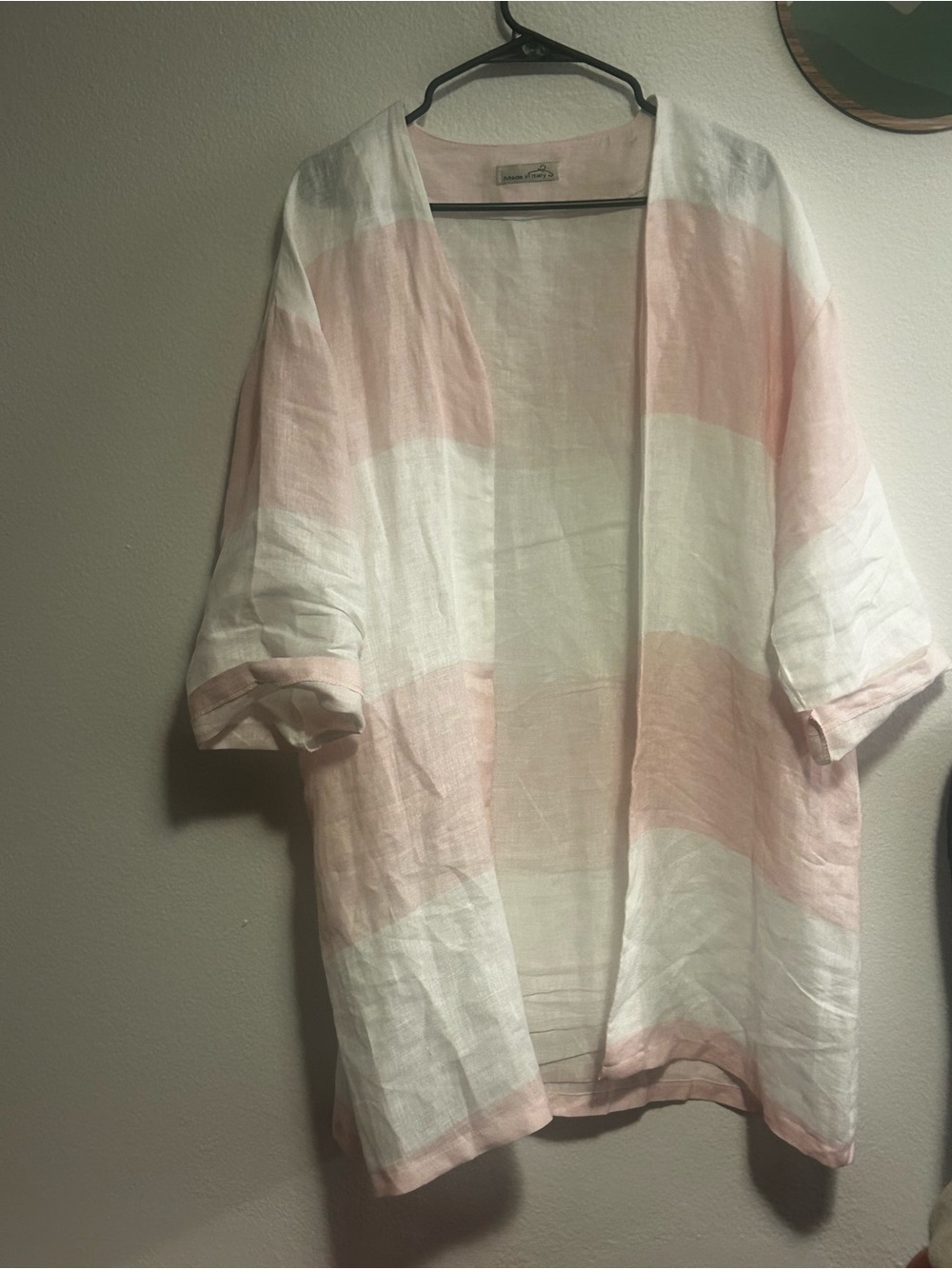 Made in Italy, 100% linen Light Pink & White Striped Open Kimono Jacket - Picture 4 of 9
